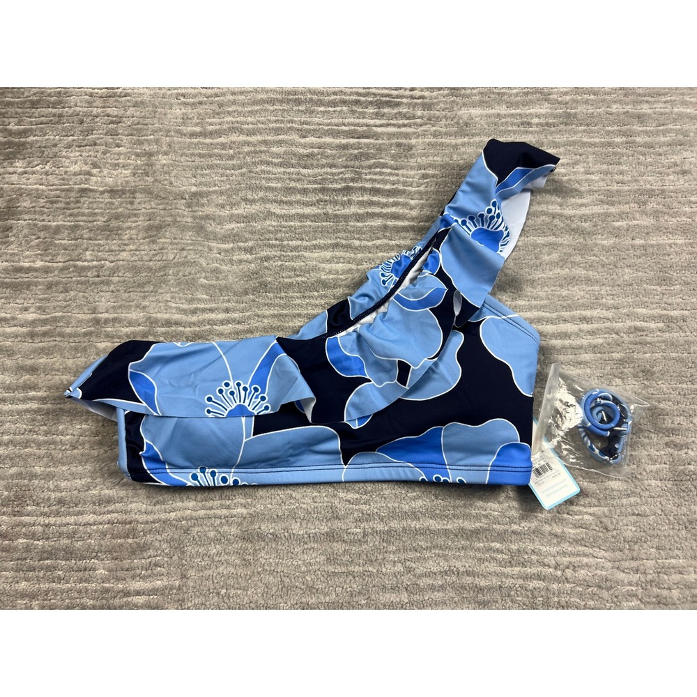 Draper James Bikini Top Womens M Blue Floral One Shoulder Ruffle 80632 UPF 50+